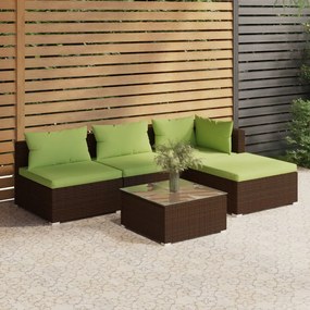 Set mobilier de gradina cu perne, 5 piese, maro, poliratan maro si verde, colt + 2x mijloc + suport pentru picioare + masa, 1