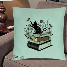 Perna Personalizata Pisica Neagra Carti Flori Fluturi, 40x40 cm, Verde Menta, Husa Detasabila, Perna Inclusa, BEKZ®