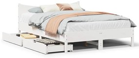 vidaXL Cadru de pat cu sertare, alb, 135x190 cm, lemn masiv de pin