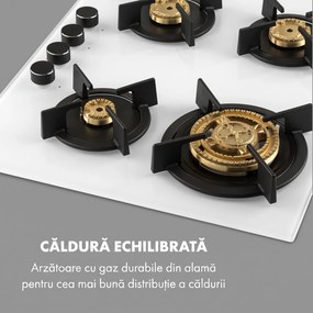 Klarstein Goldflame 4, plită pe gaz, 4 arzătoare, arzătoare din alamă, sticlă ceramică