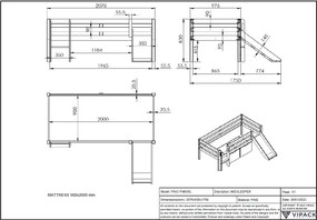 PINO dormitor intermediar + scară + glisieră, set de 2 sertare și raft suspendat.