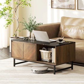 HOMCOM Masă de cafea, masă de living, blat efect marmură, 2 uși și 2 nișe deschise, 100 x 50,8 x 45,7 cm, nuc | Aosom Romania