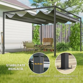 Outsunny Pergolă Gazebo 4x3 m cu Acoperiș Retractabil, Orificii de Drenaj, Țepușe și Șuruburi, Pergolă pentru Grădină din Poliester și Metal, Gri Închis | Aosom Romania
