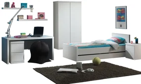 Această combinație LARA este formată dintr-un pat (90x200) cu sertar, noptieră, dulap cu 2 uși, birou cu cărucior și 2 rafturi de perete.