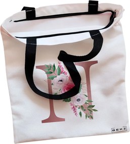 Sacosa de Panza pentru Cumparaturi, Geanta Tote, Cu litera N Rose Gold si Trandafiri, Cu fermoar, 38x34.5 cm, Alba, BEKZ®