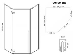 Cabina dus cu cadita pentagonala Rea Diamond cu usa batanta 90x90 negru