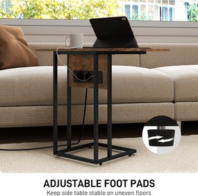 HOMCOM Măsuță de cafea în formă de C, extensibilă, cu 2 stații de încărcare, lemn și metal, 39x29x57 cm, negru și maro | Aosom Romania