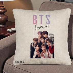 Perna Personalizata K-pop BTS Forever cu Foto Grup Negru, 40x40 cm, Bej Canapea, Husa Detasabila, Perna Inclusa, BEKZ®