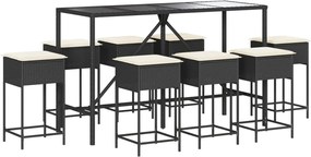 vidaXL Set mobilier bar de grădină cu perne, 9 piese, negru, poliratan