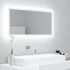 Oglinda de baie cu LED, alb extralucios, 90x8,5x37 cm alb si stejar sonoma