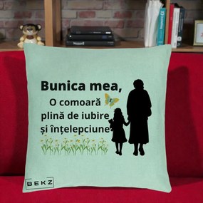 Cadou pentru Bunica - Perna Personalizata Bunica Mea Comoara Iubire Intelepciune Varianta Extinsa, 40x40 cm, Verde Menta, Husa Detasabila, Perna Inclusa, BEKZ®
