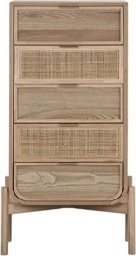 Comodă înaltă și îngustă, din lemn și ratan, natur, cu 5 sertare, mânere aurii și picioare cu traverse în X, 100 x 52 x 35 cm, „Almeria”