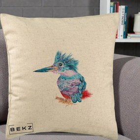 Perna Decorativa Pasare Martin Pescar Acuarela Albastru-Mov, 40x40 cm, Bej, Husa Detasabila, Perna Inclusa, BEKZ®