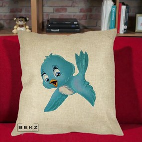 Perna Decorativa Pui de Pasare Albastru, 40x40 cm, Crem, Husa Detasabila, Perna Inclusa, BEKZ®