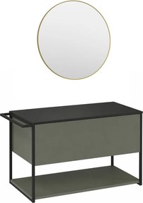 Set dulap baza suspendat Krofam Lov verde-negru 80 cm blat negru si oglinda cu rama aurie