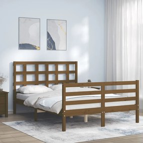 3193959 vidaXL Cadru de pat cu tăblie, dublu mic, maro miere, lemn masiv