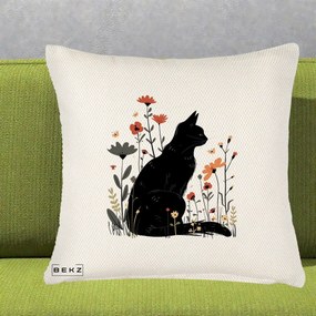 Perna Decorativa Pisica Neagra Profil Flori Portocalii, 40x40 cm, Crem Reliefat, Husa Detasabila, Perna Inclusa, BEKZ®