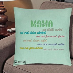 Cadou pentru Mama - Perna Personalizata Mama Cel Dintai Cuvant cu Text Colorat Multicolor, 40x40 cm, Verde Menta, Husa Detasabila, Perna Inclusa, BEKZ®