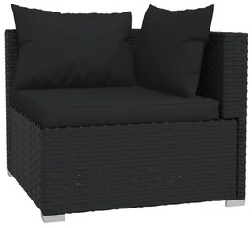 Set mobilier de gradina cu perne, 6 piese, negru, poliratan Negru, 2x colt + 2x mijloc + suport pentru picioare + masa, 1