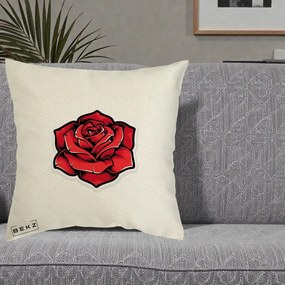 Perna Decorativa Trandafir Rosu Tattoo, 40x40 cm, Ecru, Husa Detasabila, Perna Inclusa, BEKZ®