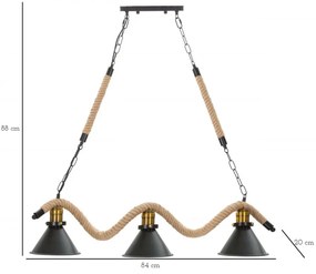 Lustra maro / neagra din metal si sfoara, soclu E27, max 20W, 84 x 20 x 88 cm, Rope 3 Lights Mauro Ferreti