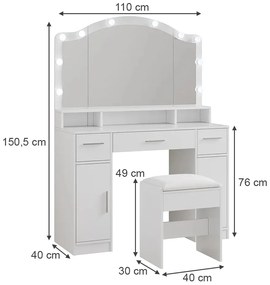 SEA809 - Set Masa toaleta 110 cm, cosmetica, machiaj, oglinda cu LED, masuta vanity cu scaun tapitat - Alb