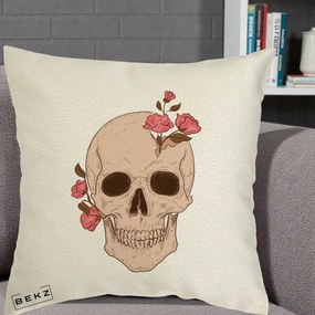 Perna Decorativa Craniu Floral Gothic, 40x40 cm, Ecru, Husa Detasabila, Perna Inclusa, BEKZ®