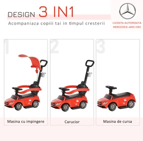 HOMCOM Mașină cu Maner pentru Copii, Licență Mercedes, Acoperiș și Bare de Siguranță Detasabile, Roșie | Aosom Romania