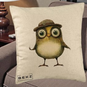 Perna Decorativa Pui Intelectual cu Palarie Tweed, 40x40 cm, Bej, Husa Detasabila, Perna Inclusa, BEKZ®