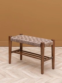 Banchetă vintage din iută naturală împletită și lână, cu structură din lemn masiv, 70×45×30 cm, „Sage"