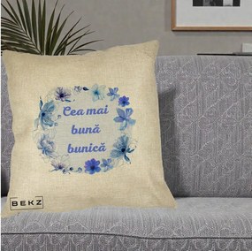 Cadou pentru Bunica - Perna Personalizata Cea Mai Buna Bunica Coronita Flori Albastre Acuarela, 40x40 cm, Crem, Husa Detasabila, Perna Inclusa, BEKZ®