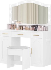 SEA487 - Set Masa toaleta alba, 108 cm cosmetica machiaj, oglinda cu LED, scaun tapitat, masuta vanity cu Priza si USB si Manere Aurii