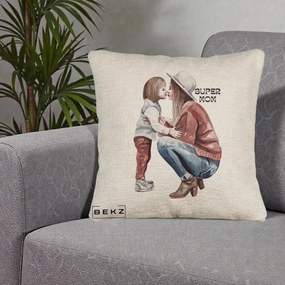 Cadou pentru Mama - Perna Personalizata Super Mom Acuarela, 40x40 cm, Bej Canapea, Husa Detasabila, Perna Inclusa, BEKZ®