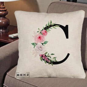 Cadou Personalizat - Perna Personalizata Monograma Florala Litera C, 40x40 cm, Bej Canapea, Husa Detasabila, Perna Inclusa, BEKZ®