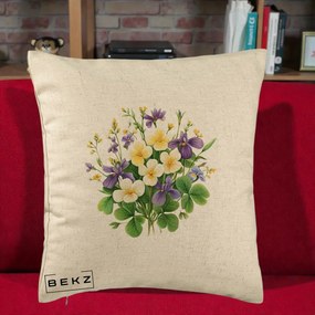 Perna Decorativa Viorele Iris Violet si Trifoi, 40x40 cm, Bej, Husa Detasabila, Perna Inclusa, BEKZ®