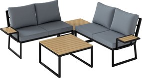 Outsunny Set mobilier de grădină în formă L, cadru metalic, pentru 4 persoane, lounge cu canapea 2 locuri și perne, 2 măsuțe suprapuse, Teak | Aosom Romania