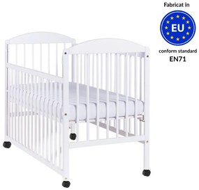 Patut din lemn masiv 120x60 cm Kidizi Orella alb cu laterala culisanta si roti, reglabil pe 3 nivele, certificat EN71