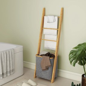 HOMCOM Suport prosoape din bambus cu coș de rufe, scară suport pentru prosoape cu 1 coș de rufe, 43 x 35 x 133 cm, gri | Aosom Romania