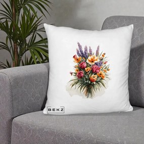 Perna Decorativa Buchet Mixt Acuarela Lavanda-Trandafiri, 40x40 cm, Alb Pufos, Husa Detasabila, Perna Inclusa, BEKZ®