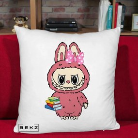 Perna Personalizata Labubu Roz cu Funda si Carti, 40x40 cm, Alb Pufos, Husa Detasabila, Perna Inclusa, BEKZ®