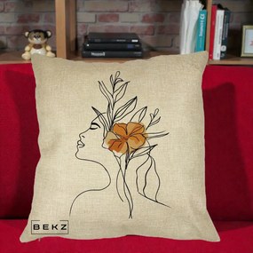 Perna Decorativa Portret Feminin Floare Portocalie Lateral, 40x40 cm, Crem, Husa Detasabila, Perna Inclusa, BEKZ®