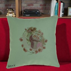 Perna Decorativa Femeie cu Flori Roz Acuarela, 40x40 cm, Verde, Husa Detasabila, Perna Inclusa, BEKZ®