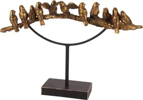 Statuetă decorativă din polirășină, auriu, păsări pe ramură și suport negru, finisaj antichizat, 30 x 42 x 8 cm, „Mésange”