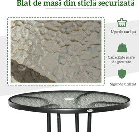 Outsunny Masă de Grădină Rotundă 80 cm cu Orificiu pentru Umbrelă, Masă de Cafea pentru Exterior cu Blat din Sticlă Temperată, Cadru Metalic, pentru Terasă, Balcon, Negru | Aosom Romania