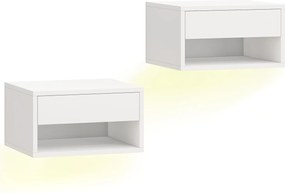 HOMCOM Set 2 Noptiere Suspendate cu LED RGB Integrat și Reglabil prin Aplicație, Sertar și Raft, 37x32x21 cm, Alb | Aosom Romania