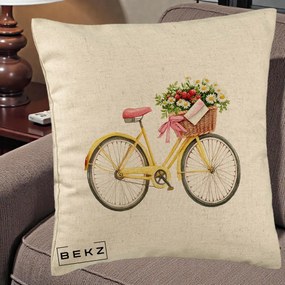 Perna Decorativa Bicicleta Galbena cu Cos de Flori Primavara, 40x40 cm, Bej, Husa Detasabila, Perna Inclusa, BEKZ®