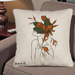 Perna Decorativa Portret Feminin Crin Auriu, 40x40 cm, Bej Canapea, Husa Detasabila, Perna Inclusa, BEKZ®