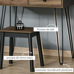 HOMCOM Masa de Machiaj in Stil Industrial, Set Masa de Toaleta cu Taburet si Oglinda de Machiaj, Postatie de Machiaj din Lemn si Metal pentru cameră
