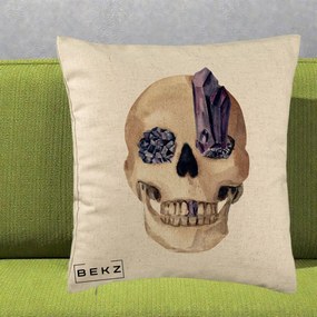 Perna Decorativa Craniu cu Cristale de Ametist, 40x40 cm, Bej, Husa Detasabila, Perna Inclusa, BEKZ®