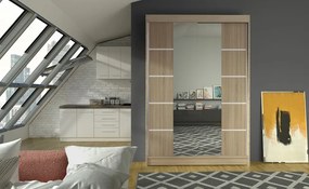 Dulap Dormitor Genua ADRK 120 x 200 cm cu Uși Glisante și Oglindă | Design Modern | Spații de Depozitare Generoase (Culoare: Negru / Alb)